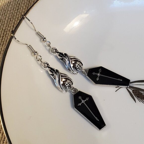 Midnight Black Vampire Coffin Hanging Bat Silver Cross Goth Enamel Earrings - Picture 5 of 8